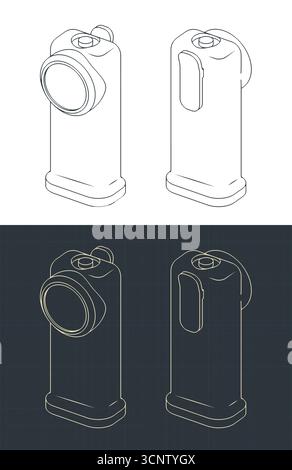 Firefighter flashlight isometric blueprints stylized vector illustrations Stock Vector
