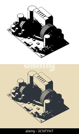 CNC DC adjustable buck power supply module voltage regulator stylized vector illustrations Stock Vector