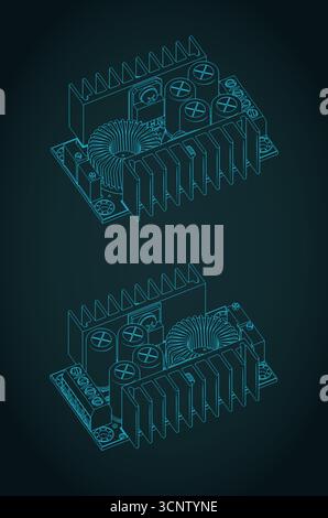 DC power supply isometric blueprints stylized vector illustrations Stock Vector