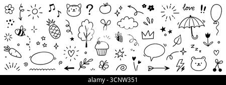 Line cute element set. Hand drawn scribble heart, arrow, flower and star elements for a cute line simple background. Doodle sketch heart, star, cloud sticker shapes. Vector illustration Stock Vector