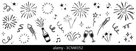 Firework vector new year set. Hand drawn background with doodle sparkler, firecracker and confetti for new year, birthday or holiday celebration. Sketch firework party style. Vector illustration Stock Vector