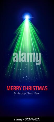 Merry christmas and happy new year greeting card. Green laser beams create a Christmas tree on a deep blue background. Christmas and New Year banner. Stock Vector
