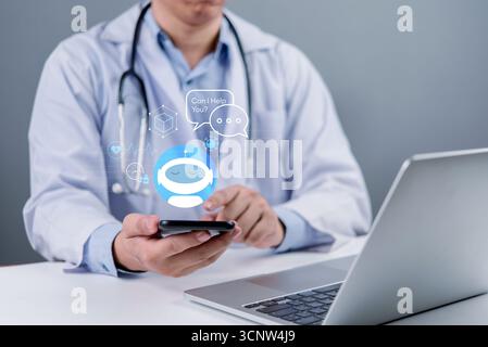 Doctor using smartphone ai chatbot medical online services virtual assistant. health app, mobile health, smart consultation, telemedicine platform hea Stock Photo