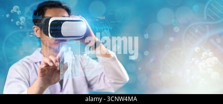 doctor advanced VR headset technology to interact with a holographic interface displaying medical data, healthcare diagnostics and innovative virtual Stock Photo