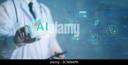 Doctor interacting with AI brain icon in futuristic interface. Concept of artificial intelligence in healthcare, diagnostics, smart hospital system, a Stock Photo