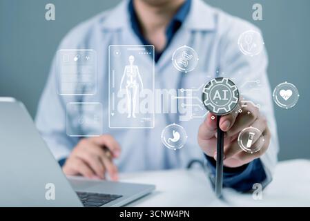 Doctor using AI-powered technology in healthcare, visualizing virtual medical data and diagnostics. Advanced artificial intelligence system supporting Stock Photo