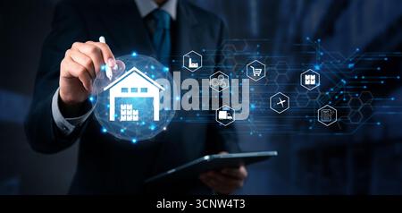 Supply chain and smart warehouse control with delivery system, e-commerce logistics, digital tracking, and cloud-based inventory. Innovative technolog Stock Photo
