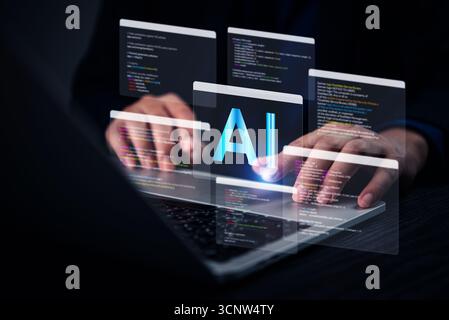 Developer coding AI algorithms on laptop with futuristic transparent UI showing multiple code snippets and Software engineer working on artificial int Stock Photo