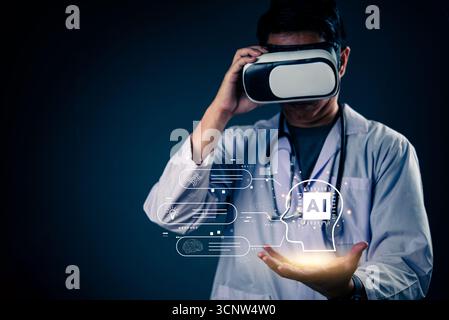 Doctor using VR headset interacting with AI virtual assistant for medical diagnosis and health data analysis in futuristic healthcare technology. Stock Photo