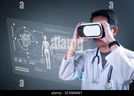 Doctor using VR headset for AI-powered medical diagnosis and virtual health data visualization with futuristic technology in healthcare. Stock Photo