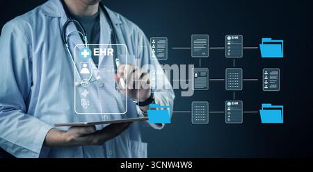 Smart healthcare management using EHR software with patient data visualization, cloud folders, secure integration, and medical documentation system. Stock Photo