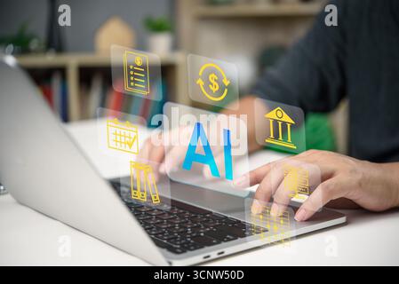 AI system with finance icons on digital interface. Banking automation, data strategy, fintech innovation, and smart business solutions for cloud-based Stock Photo