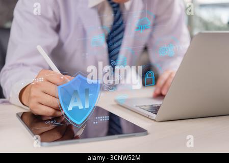 AI security technology with digital shield, cybersecurity icons, and data protection concept. Artificial intelligence cloud computing, data management Stock Photo