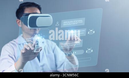 Doctor using VR headset and AI-powered interface for healthcare diagnosis and innovation, highlighting future medical technology and virtual data inte Stock Photo