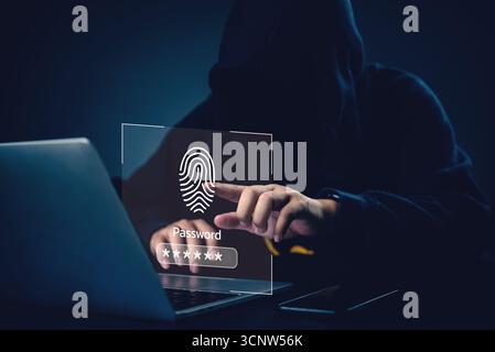 Cybersecurity threat concept with hacker using fingerprint to access password data, showing digital identity protection, online security and internet Stock Photo