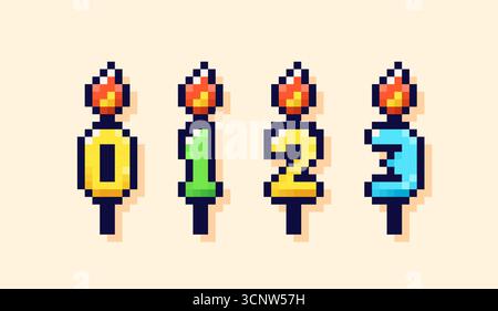 A set of pixel art birthday cake candles. Numbers from 0 to 3 Stock Vector