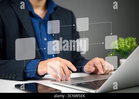 Business professional using a laptop to create a virtual flowchart, demonstrating digital technology for process organization and optimization. Stock Photo