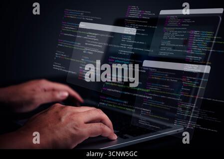 Software developer coding, digital security, data protection. Cybersecurity expert programming language, code overlay. Network defense, future technol Stock Photo