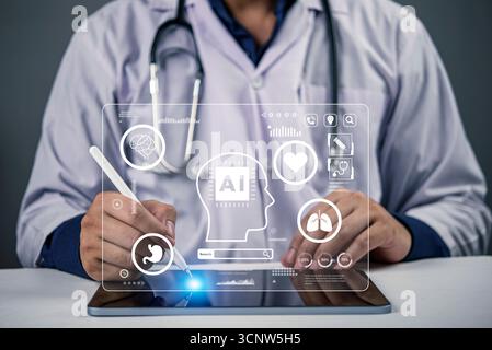 Doctor interacting with virtual medical interface, brain, heart, lung icons, AI hologram. Head Up Display healthcare technology, artificial intelligen Stock Photo