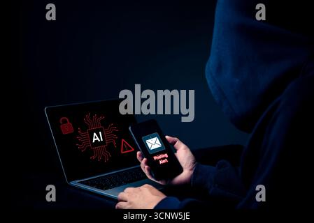 Phishing email warning on phone with AI breach sign on laptop, smart cyberattacks, deepfake risks.Hacker targeting digital systems cybercrime, social Stock Photo