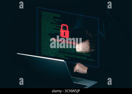 cybersecurity risks, antivirus protection, cyber attacks, and sensitive data defense. protection breach, Blocked access Denied. Red lock warning on co Stock Photo