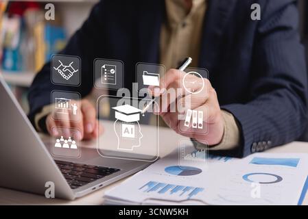 business corporate training AI artificial intelligence, Smart Management education, digital online network e-learning technology, innovation team coll Stock Photo