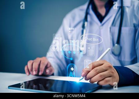 Medical technology concept with chatbot patient data, prescriptions, and EHR support using artificial intelligence tools.Digital health assistant with Stock Photo