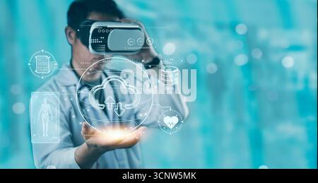 Doctor using VR headset to access cloud healthcare data, future medical technology, AI analysis, big data, and virtual reality in health innovation. C Stock Photo