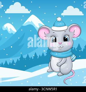Cute cartoon mouse with blue hat and scarf in winter. Vector Illustration of Animal in nature on a blue background with snow. Stock Vector