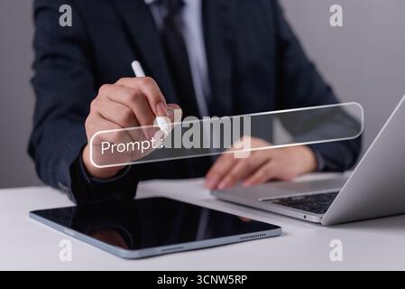 Corporate professional crafting AI prompt on digital device, perfect for innovation, future tech, and artificial intelligence training language model, Stock Photo