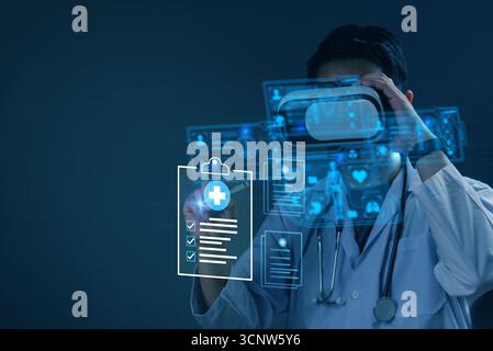 doctor wearing a virtual reality VR headset while interacting with futuristic medical data displays. Concept healthcare technology, AI, and digital tr Stock Photo