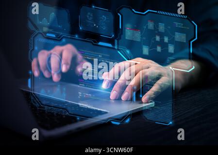 Close-up of hands coding programmer works on a laptop with futuristic cybersecurity interface, Concept of software development, data science, and arti Stock Photo