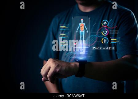 person wearing a smartwatch that tracks health data, with digital holographic visuals displaying vital health statistics like heart rate, temperature, Stock Photo