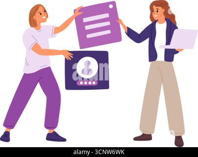 Two women exchanging information. Office colleagues share data or news. Business working partnership. Female teamwork and cooperation. Info file folde Stock Vector
