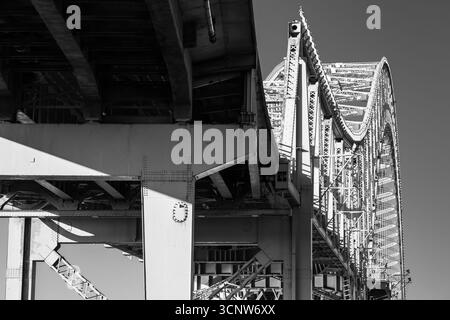 Black and white view of the Runcorn Widnes Bridge, also known as the Silver Jubilee Bridge Stock Photo
