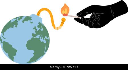 Secret black hand lights cord of globe shaped bomb with match. World war. Detonator of disasters and conflicts. Grenade wick burn. Earth planet. World Stock Vector