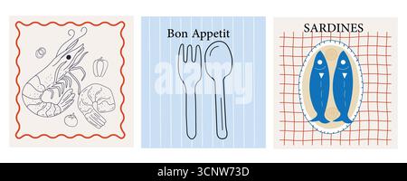 Set of abstract food posters with vector illustration of shrimp, spoon and fork, sardine on a plate. Italian food posters design. Mediterranean style Stock Vector