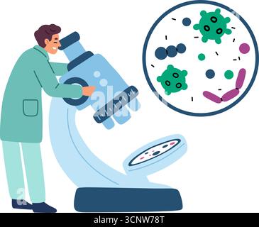 Male microbiologist conducts medical lab research on microbes using big microscope. Scientific biochemistry experiment. Test analysis. Scientist in la Stock Vector