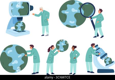Environmental scientists study nature and ecology. Men and women care for Earth. People explore planet with big microscope and magnifying glass. Scien Stock Vector