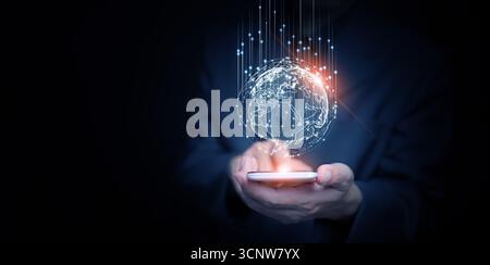 Futuristic smartphone projecting digital Earth with glowing global connections, representing mobile internet, networking, digital transformation, tech Stock Photo