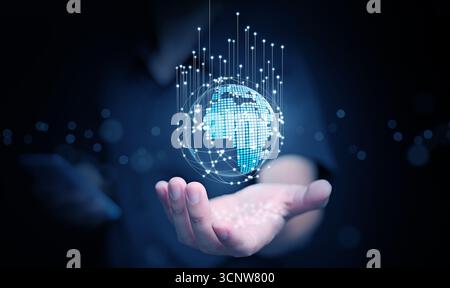 Futuristic concept of hand presenting digital Earth with network connections, representing worldwide communication, data exchange, global technology, Stock Photo