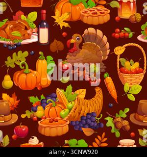 Seamless Thanksgiving holiday pattern with cartoon turkey, pumpkins and pies background. Vector Thanksgiving harvest cornucopia and pilgrim hat, vegetables and autumn fall leaves seamless pattern Stock Vector