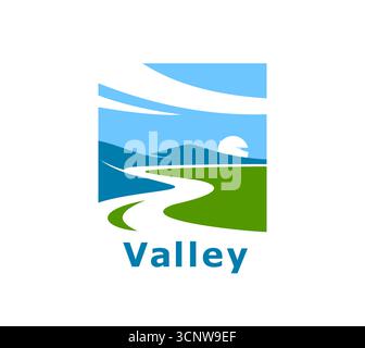 Mountain river valley, road path landscape icon. Business brand vector emblem or graphic sign. Company icon or travel agency symbol with mountain road or way, bendy river green valley, hills and sun Stock Vector