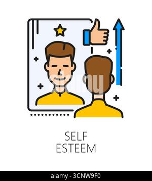 Self esteem life skill color line icon or sign. Personality quality outline vector sign, people self esteem ability symbol. Personality life skill thin line icon with man character looking in mirror Stock Vector