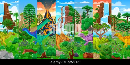 Prehistoric dinosaur characters collage with volcano and waterfall ...