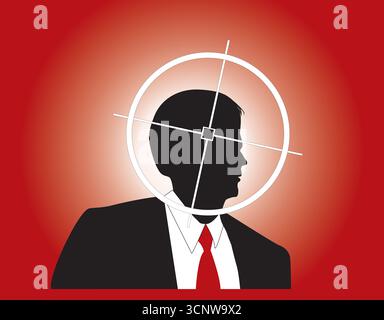 A bold silhouette of a businessman in a dark suit and red tie is framed by a white target crosshair against a dramatic red gradient. Stock Vector