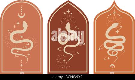 Celestial tattoo vector illustrations with snakes and mystic symbols. Occult window frame with serpents and fantasy magic elements. Kundalini design Stock Vector