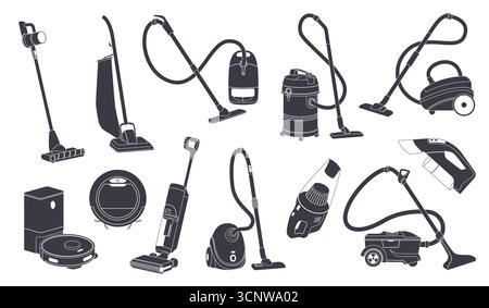 Vacuum cleaners black icons. Automatic robotic home cleaning carpet equipment, different models, vertical, washing and compact, silhouettes tidy Stock Vector