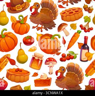 Festive Thanksgiving harvest holiday seamless pattern. Vector background with cartoon turkey bird, pumpkin pie, vegetable and fruit, acorns and autumn fall leaves, Thanksgiving pilgrim hat, berries Stock Vector