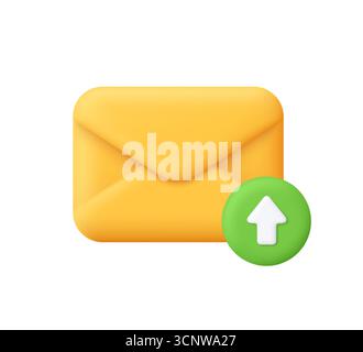 Yellow envelope with an upward arrow on a green circle button. Digital communication, user interface, email, uploading message and submitting concept. Stock Vector